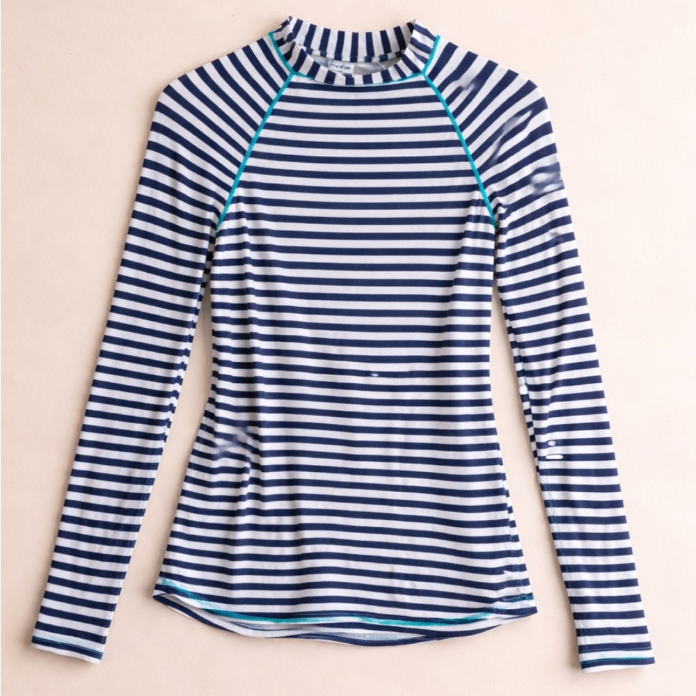 Boden Blue White Stripe Rash Guard Long Sleeve Swim Top UV Woman 6 Nautical FLAW